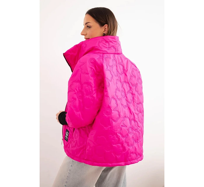 Dámska jarná prešívaná bunda s ozdobným vzorom a zipsom ružová neónová