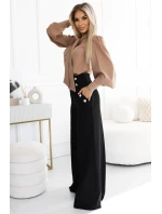 dámská halenka v karamelové barvě v stylu s dlouhými rukávy, vázáním a knoflíky model 20722306 - numoco dámská halenka v karamelové barvě v stylu s dlouhými rukávy, vázáním a knoflíky model 20722306 - numoco