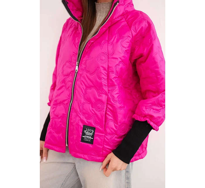 Dámska jarná prešívaná bunda s ozdobným vzorom a zipsom ružová neónová