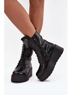 Kožené dámské obuv s ozdobou zateplené černé model 21713770 - Boto