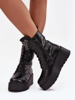 Kožené dámské obuv s ozdobou zateplené černé model 21713770 - Boto