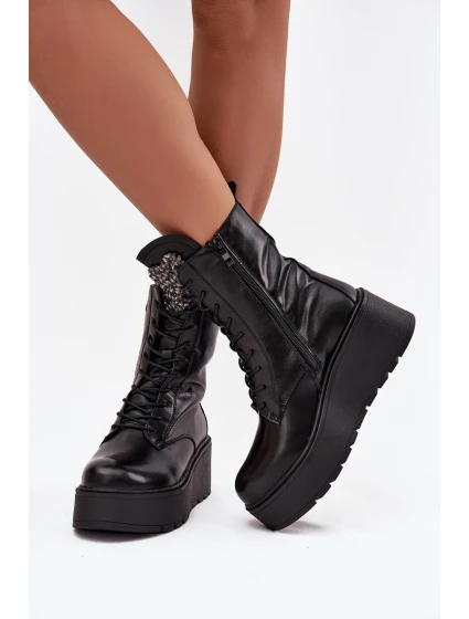 Kožené dámské obuv s ozdobou zateplené černé model 21713770 - Boto Kožené dámské obuv s ozdobou zateplené černé model 21713770 - Boto