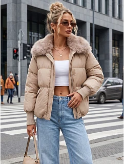 Dámska zimná prešívaná bunda s kožušinou, béžová, FashionStreet TY5816