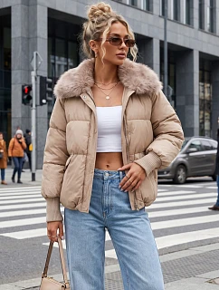 Dámská zimní prošívaná bunda s kožešinou, béžová, FashionStreet TY5816
