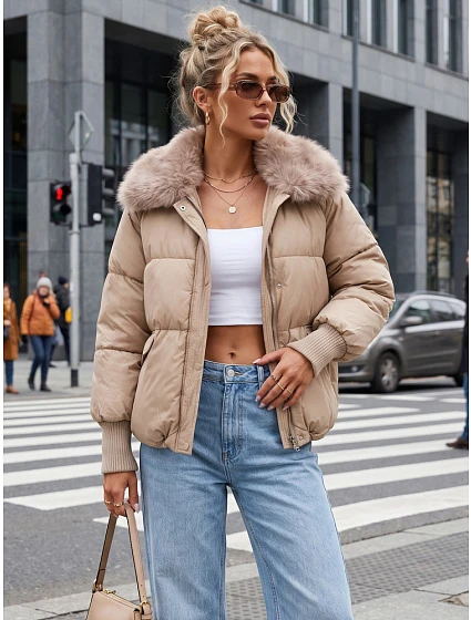 Dámska zimná prešívaná bunda s kožušinou, béžová, FashionStreet TY5816 Dámska zimná prešívaná bunda s kožušinou, béžová, FashionStreet TY5816