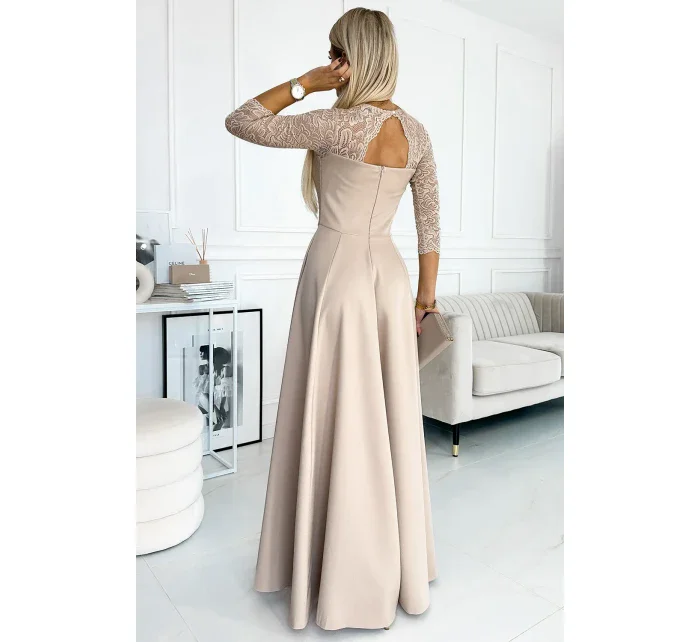 309-10 AMBER čipkované elegantné dlhé šaty s výstrihom a rozparkom na nohách - BEACH