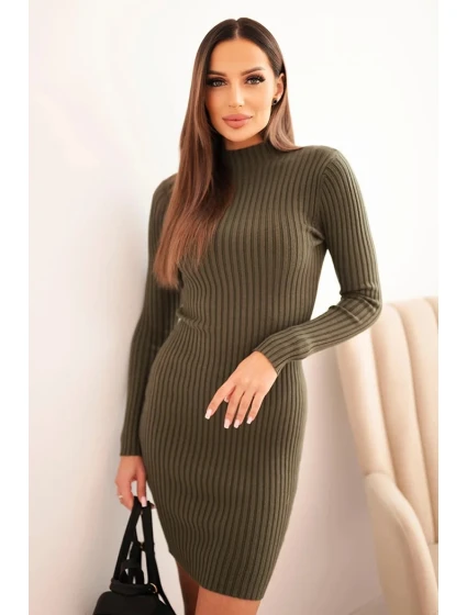 Dámská viskózová pruhovaná šaty s dlouhým rukávem a stojáčkem khaki