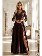 309-14 AMBER elegantné dlhé čipkované šaty s výstrihom - čokoládové