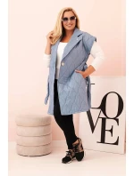 Dámske Plus veľkosť prešívaná vesta s opaskom a golierom Denim Dámske Plus veľkosť prešívaná vesta s opaskom a golierom Denim