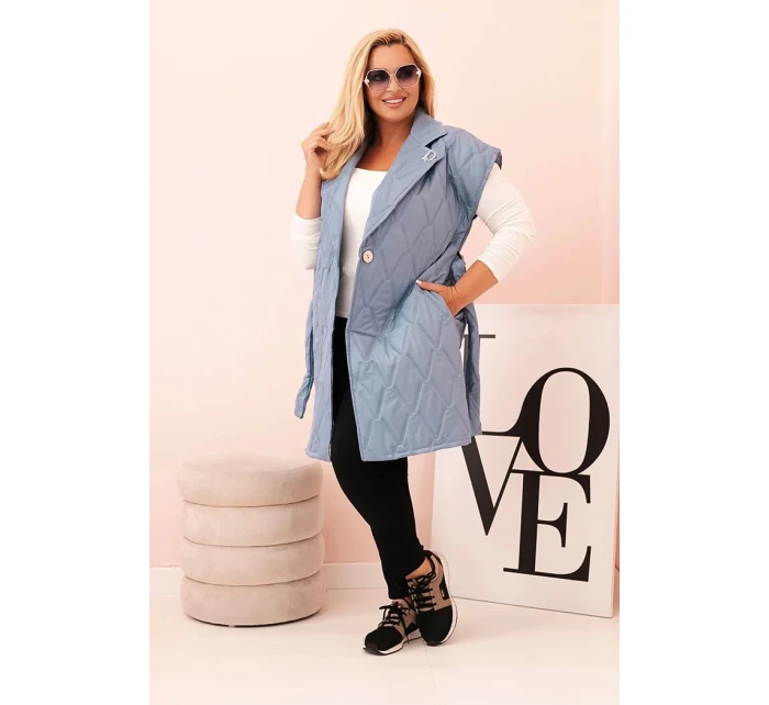 Dámske Plus veľkosť prešívaná vesta s opaskom a golierom Denim Dámske Plus veľkosť prešívaná vesta s opaskom a golierom Denim