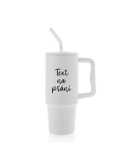 TEXT NA ŽIADOSŤ - biely cestovný termohrnček 900 ml