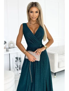 467-1 LOUISE dlhé brokátové šaty s výstrihom a rozparkom na nohách - BUTTER GREEN