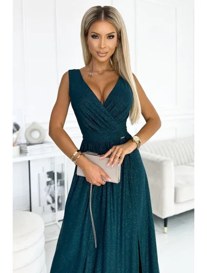 467-1 LOUISE dlhé brokátové šaty s výstrihom a rozparkom na nohách - BUTTER GREEN 467-1 LOUISE dlhé brokátové šaty s výstrihom a rozparkom na nohách - BUTTER GREEN