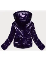 Tmavo modrá lesklá prešívaná dámska bunda s kapucňou (B9560)