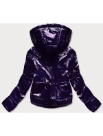 Tmavo modrá lesklá prešívaná dámska bunda s kapucňou (B9560)