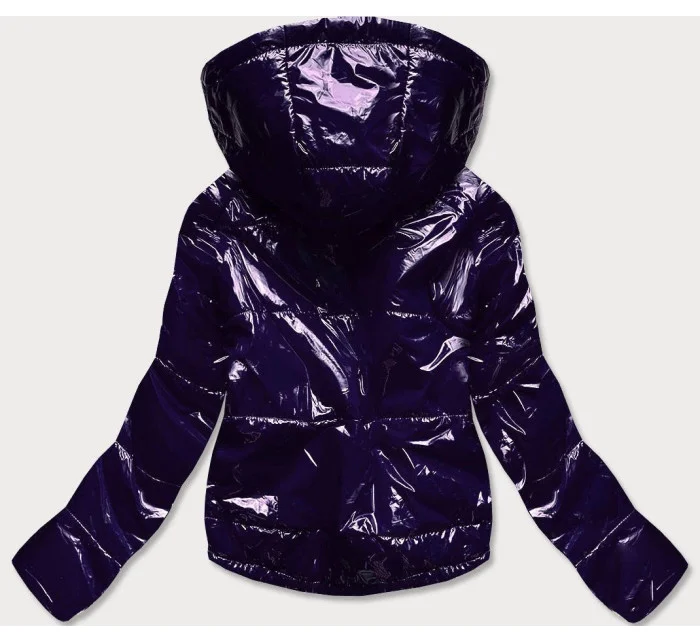 Tmavo modrá lesklá prešívaná dámska bunda s kapucňou (B9560)