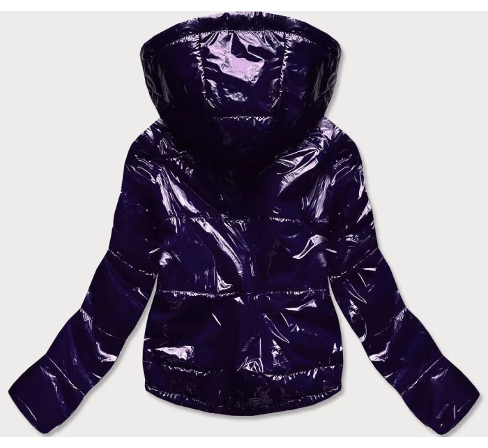 Tmavo modrá lesklá prešívaná dámska bunda s kapucňou (B9560)