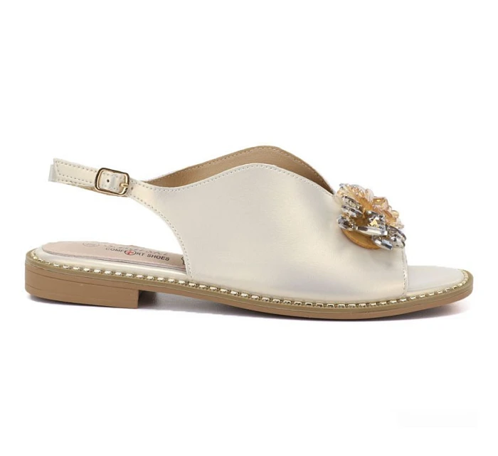 Dámske kožené ploché sandále s kryštálmi zlaté S.Barski 61-6004