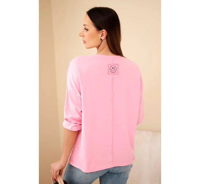 Dámská bavlněná blůza s výstřihem do V a dlouhým rukávem světle růžová