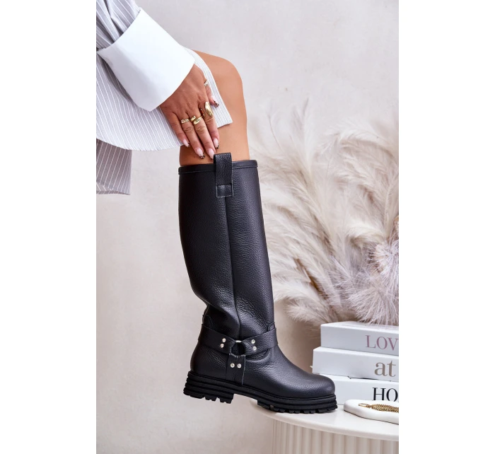 Skórzane Kozaki Damskie Przed Kolano Lewski 3615 Czarne