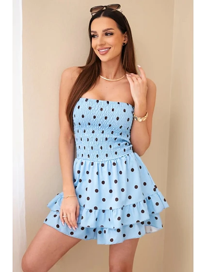 Dámsky viskózový overal s bodkami a volánom modrý