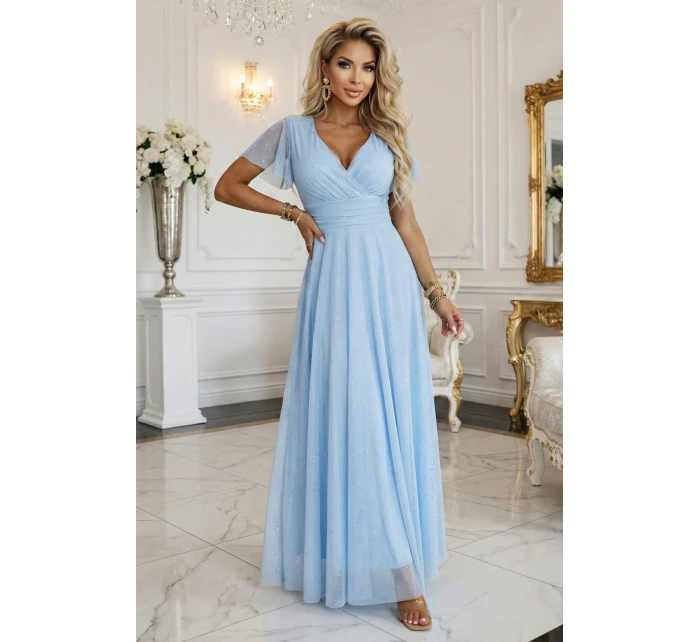 dlouhé třpytivé šaty s výstřihem a krátkými rukávy modré model 22017314 - numoco basic