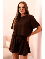 Dámska bavlnená súprava so širokými šortkami hnedá Dámska bavlnená súprava so širokými šortkami hnedá