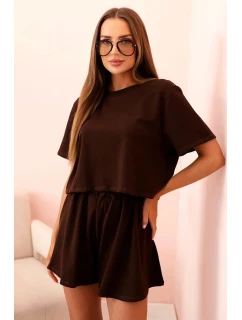 Dámska bavlnená súprava so širokými šortkami hnedá