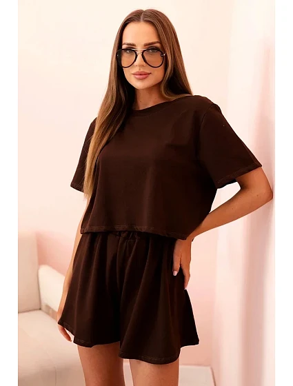 Dámska bavlnená súprava so širokými šortkami hnedá Dámska bavlnená súprava so širokými šortkami hnedá