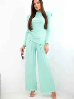 Dámsky bavlnený komplet s blúzkou a nohavicami so širokými nohavicami mätovej farby
