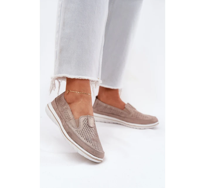 Zamszowe Ażurowe Półbuty Mokasyny Damskie Złote Redileine