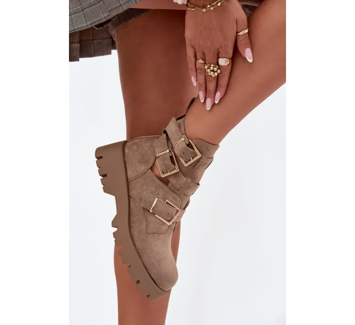 Botki Damskie Z Paskami I Złotymi Klamrami Beżowe Helisse Botki Damskie Z Paskami I Złotymi Klamrami Beżowe Helisse