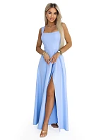 Dlouhé šaty s rozparkem a výstřihem modré s třpytkami model 22090126 - numoco