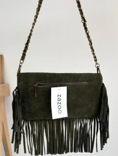 Dámska semišová kabelka so strapcami na retiazke Narella - tmavozelená