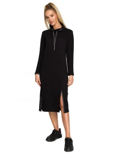 Dámske pletené midi šaty s pruhmi a logami M688 čierne - MOE