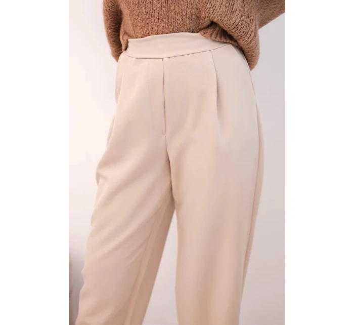 Dámské kalhoty s vysokým pasem a záhyby béžové