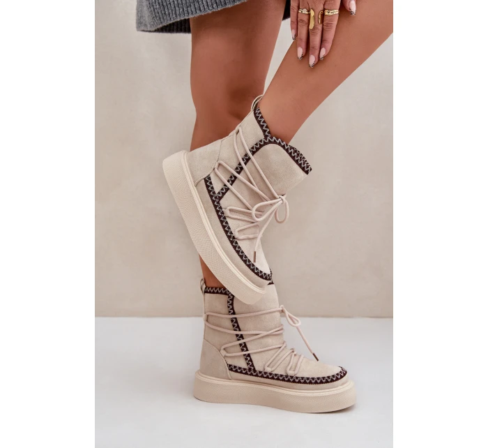 Śniegowce Damskie Z Haftem Na Platformie Jasnobeżowe Naleris