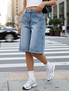 Dámske voľné vrecovité bermudy po kolená s džínsovými vreckami FashionStreet SY0512