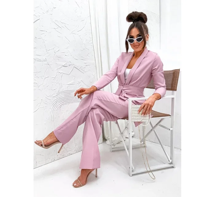 Dámska súprava v púdrovo ružovej farbe - voľné sako a široké nohavice (8167)