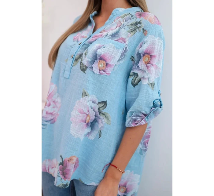 Dámska bavlnená blúzka s kvetinovým vzorom modrá Dámska bavlnená blúzka s kvetinovým vzorom modrá