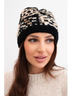 Dámska zimná čiapka s farebným vláknom a hrubým okrajom K355 black+beige