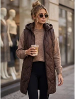 Dlhá dámska prešívaná vesta s kapucňou, čokoládová, FashionStreet TY6014 Dlhá dámska prešívaná vesta s kapucňou, čokoládová, FashionStreet TY6014