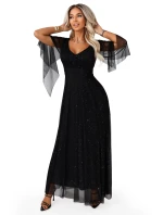 Dlouhé lehké třpytivé šaty s výstřihem a rukávy černé model 21802210 - numoco basic Dlouhé lehké třpytivé šaty s výstřihem a rukávy černé model 21802210 - numoco basic