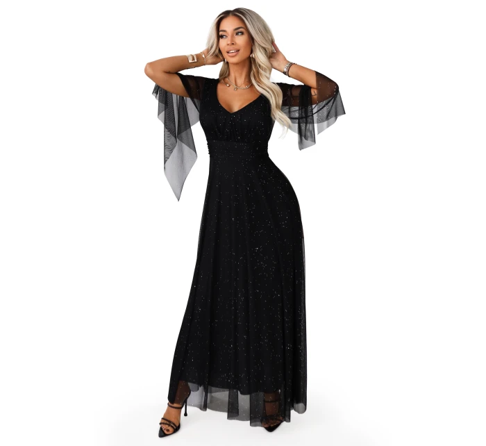 Dlouhé lehké třpytivé šaty s výstřihem a rukávy černé model 21802210 - numoco basic Dlouhé lehké třpytivé šaty s výstřihem a rukávy černé model 21802210 - numoco basic