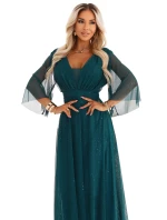 654-1 Dlhé lesklé plus size šaty s výstrihom a priehľadnými rukávmi - fľaškovo zelené 654-1 Dlhé lesklé plus size šaty s výstrihom a priehľadnými rukávmi - fľaškovo zelené