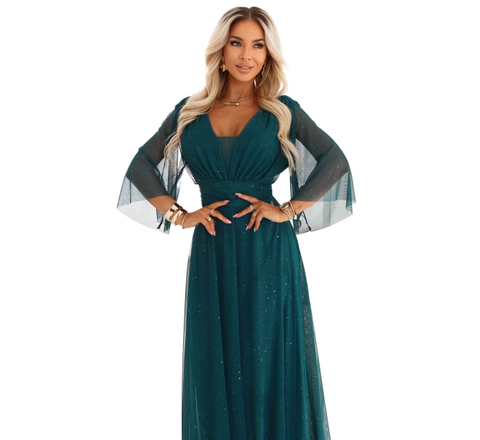 654-1 Dlhé lesklé plus size šaty s výstrihom a priehľadnými rukávmi - fľaškovo zelené 654-1 Dlhé lesklé plus size šaty s výstrihom a priehľadnými rukávmi - fľaškovo zelené
