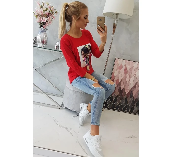 Blúzka s grafickou a farebnou 3D mašľou červená Blúzka s grafickou a farebnou 3D mašľou červená