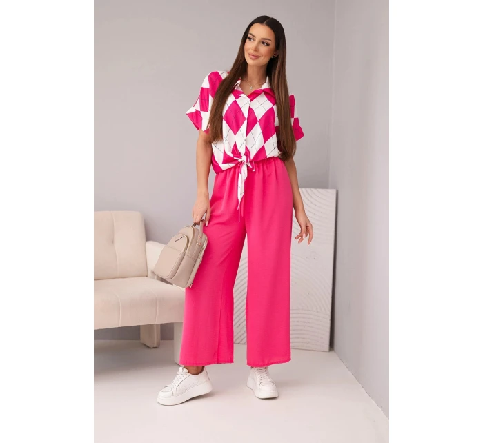 Dámská souprava viskózová halenka s vázáním a kalhoty s gumou fuchsie Dámská souprava viskózová halenka s vázáním a kalhoty s gumou fuchsie