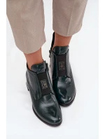 Skórzane Lakierowane Botki Na Klocku Z Ozdobnym Detalem Ocieplane Zazoo 60560 Ciemnozielone