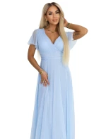 dlouhé třpytivé šaty s výstřihem a krátkými rukávy modré model 22017314 - numoco basic